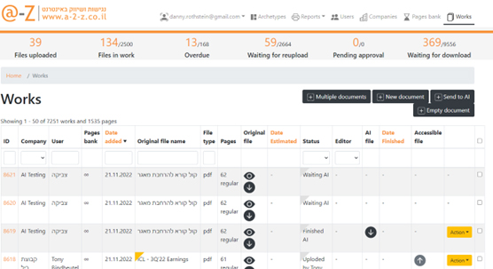 Document management system main work screen where the user can upload, manage and receive PDF documents